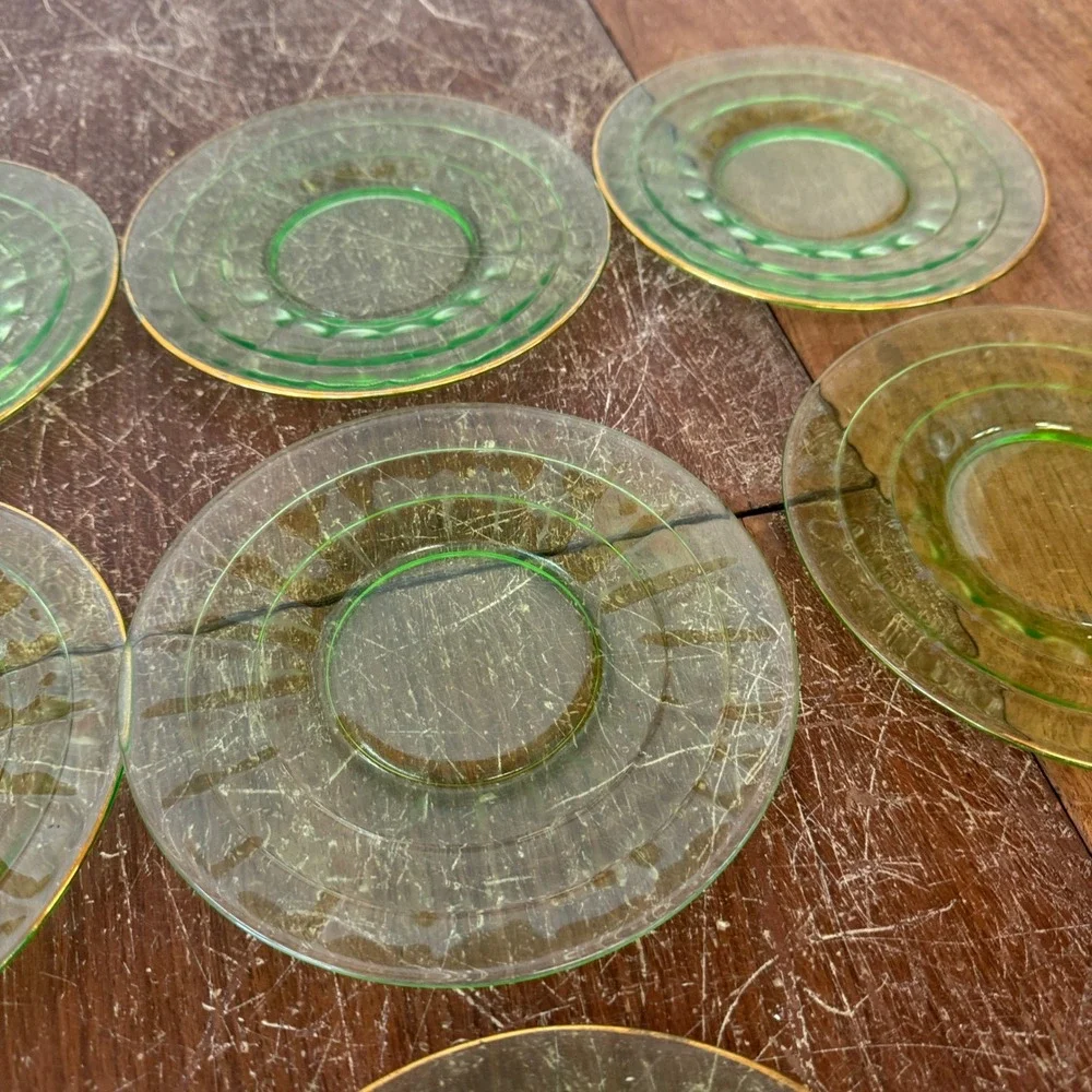 Set of 6 Vaseline Uranium Vintage Glass Saucers Gold Rimmed Dessert Small Plates